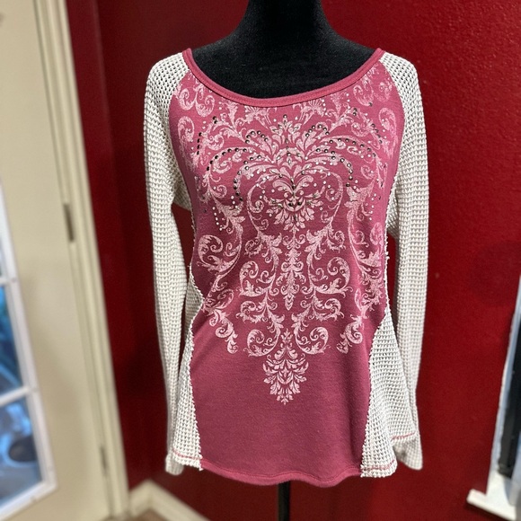 Shyanne Tops - Shyanne Small Women’s Long Sleeve Knit Top Maroon White Embellished Boho